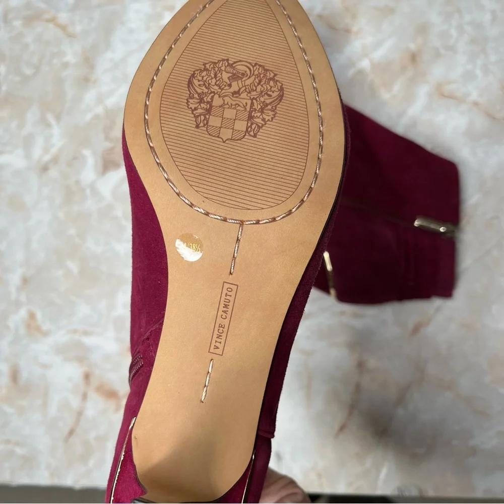 VINCE CAMUTO SUEDE BOOTIES, Wine Berry Suede Heeled Booties, Zipper, Gold Trim